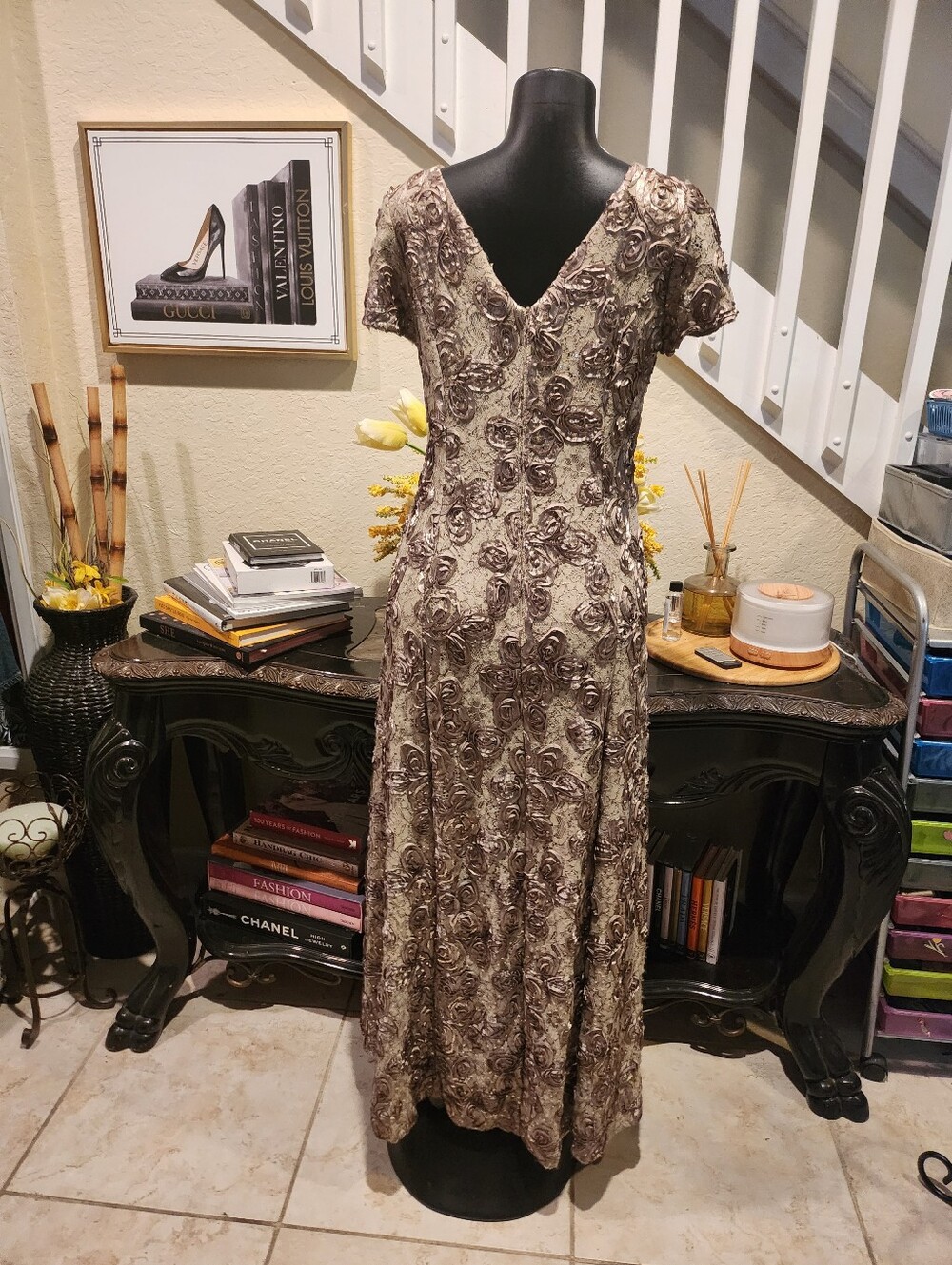 Alex Evenings Sequined Floral Lace Ribbon Rosette Dress size 10 - Picture 4 of 6